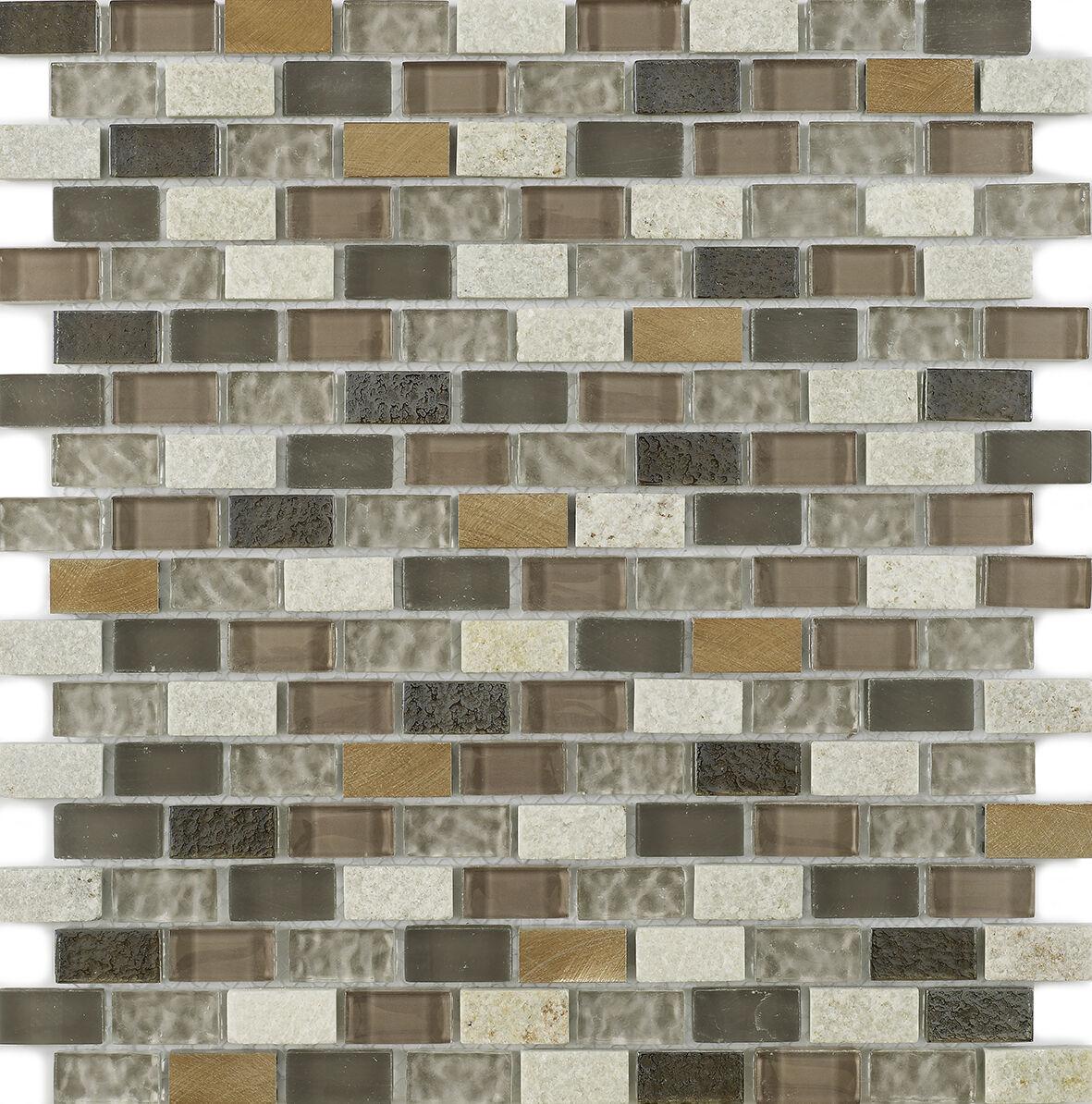 New York Beige Glass, Stone & Metal Mix MiniBrick Mosaic Tile - 305x285mm