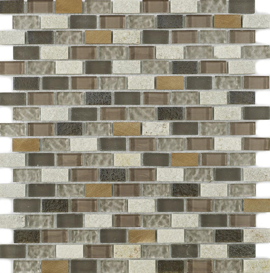 New York Beige Glass, Stone & Metal Mix MiniBrick Mosaic Tile - 305x285mm