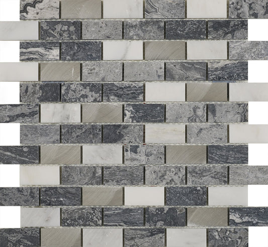 Castell Grey Stone & Metal Mix Brick Mosaic Tile - 300x300mm