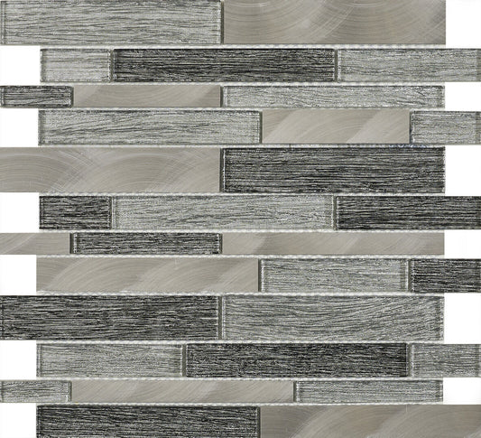 Ashby Grey Glass & Metal Mix Offset Linear Mosaic Tile - 300x300mm