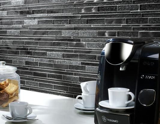 Kenton Grey Glass, Stone & Metal Mix Offset Linear Mosaic Tile - 310x300mm