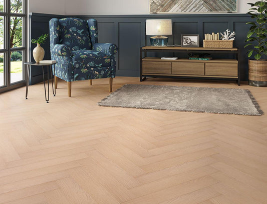 Euro Heritage 8mm Herringbone Laminate – Rustic Oak Mist