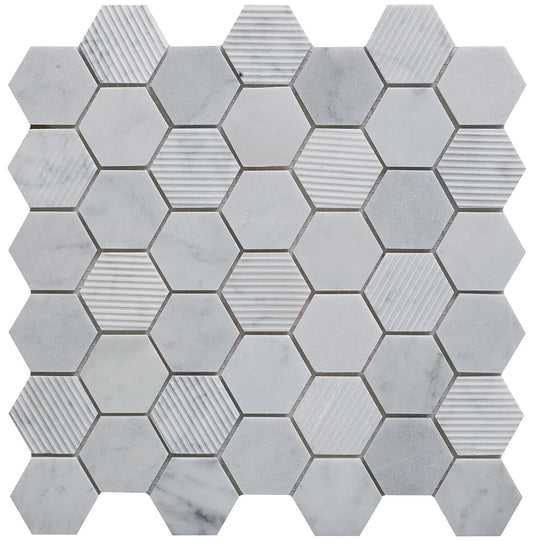 Fog Stone Hexagon Mixed Finish Marble Mosaic (48x48mm)