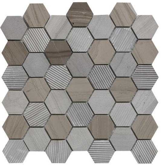 Coffee Stone Hexagon Mixed Finish Marble Mosaic (48x48mm)