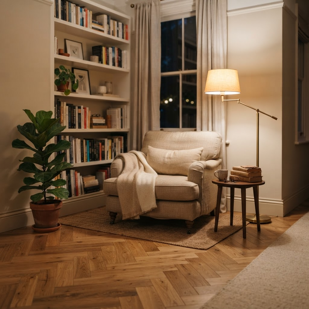 Reading nook featuring Chevron Aged Oak