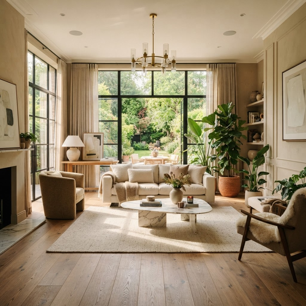 A sunlit living room with wide-plank oak flooring