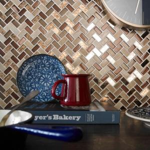 Pence Copper Herringbone Glass & Stone Mosaic Tile - 300x280mm