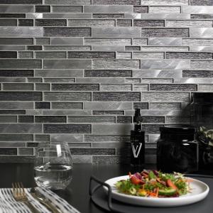 Ashby Grey Glass & Metal Mix Offset Linear Mosaic Tile - 300x300mm