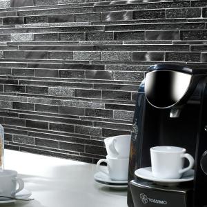Kenton Grey Glass, Stone & Metal Mix Offset Linear Mosaic Tile - 310x300mm