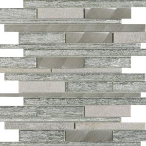 Kenton Silver Glass, Stone & Metal Mix Offset Linear Mosaic Tile - 310x300mm
